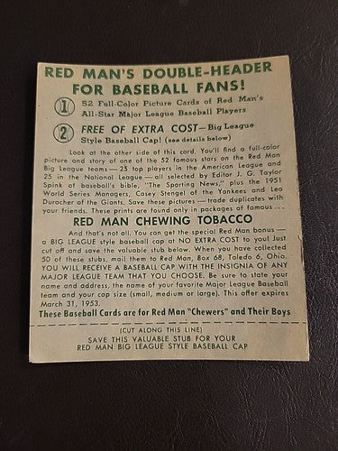 Vintage 1952 RED MAN Tobacco Baseball Card w/tab VIC WERTZ AL #22 VG/EX  Detroit
