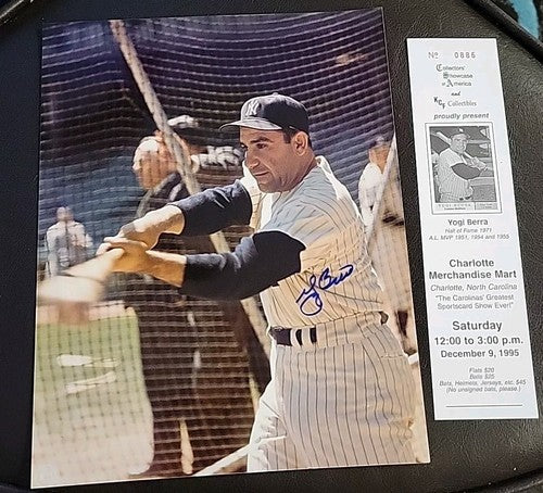 Yogi Berra Signed 8 x 10 Color Photo New York Yankees COA Show Ticket 1995