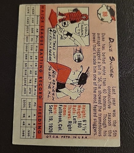 1958 TOPPS DUKE SNIDER #88 VG Corner Crease