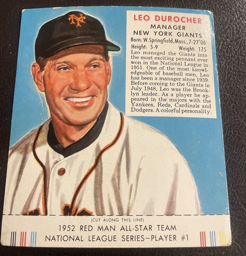 1952 Red Man #1 NL HOF Leo Durocher With Tab Vintage Baseball Card VG