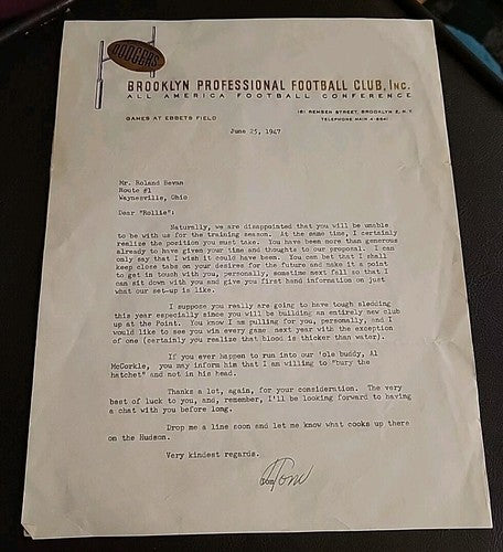 1947 Brooklyn Dodgers Football Tom Scott Signed Letter Plus 2nd Letter Signed