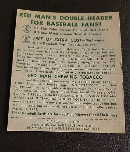 Vintage 1952 RED MAN Tobacco Baseball Card w/ Tab BOBBY SHANTZ AL #20 A's Ex
