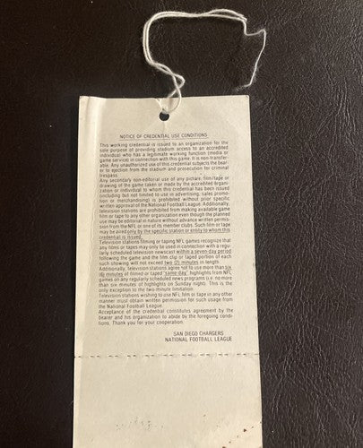 San Diego Chargers vs Chicago Bears December 3, 1984 television credentials pass