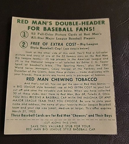 Vintage 1952 RED MAN Tobacco Baseball  w/ Tab EDDIE YOST AL #25 Senators  Ex/Mt