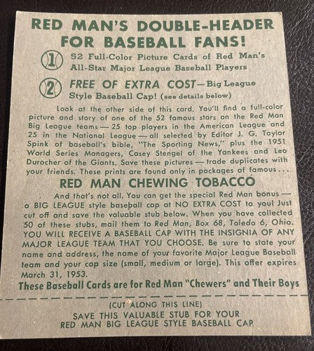 1952 Red Man Tobacco Sid Gordon w/tab Set Break 6 NL Ex/Mt  Boston Braves