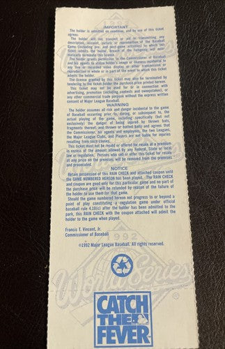Atlanta Braves Toronto Blue Jays 1992 World Series Game 2 Ticket Stub!