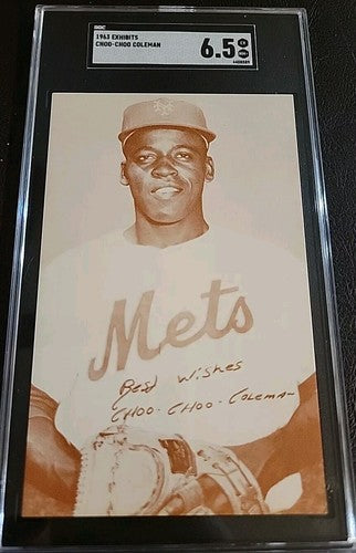 Choo-Choo Coleman 1963 Exhibit Card  Stats On Back Red Card N.Y. Mets SGC 6.5