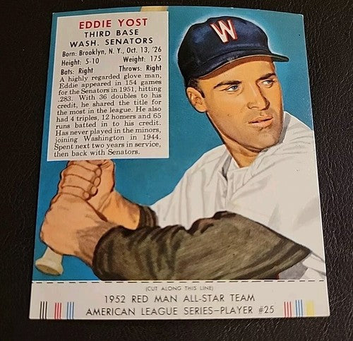 Vintage 1952 RED MAN Tobacco Baseball  w/ Tab EDDIE YOST AL #25 Senators  Ex/Mt