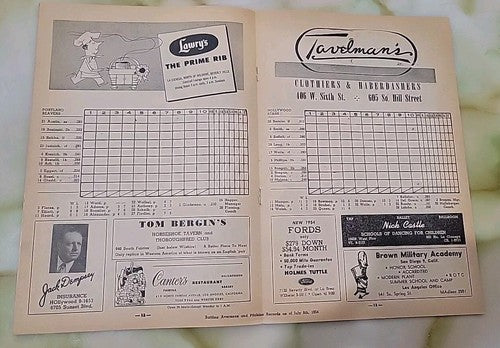 1954 hollywood Stars vs Portland Beavers PCL program Mint Unscored