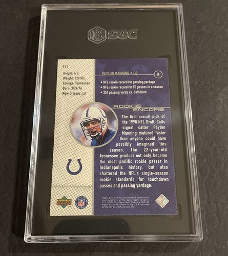 PEYTON MANNING~RARE 1998 UPPER DECK ROOKIE ENCORE SGC 9 MINT HOT NFL RC CARD#RE2