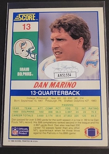 Dan Marino Signed Autographed 1990 Score Football Card JSA Certificate NRMT