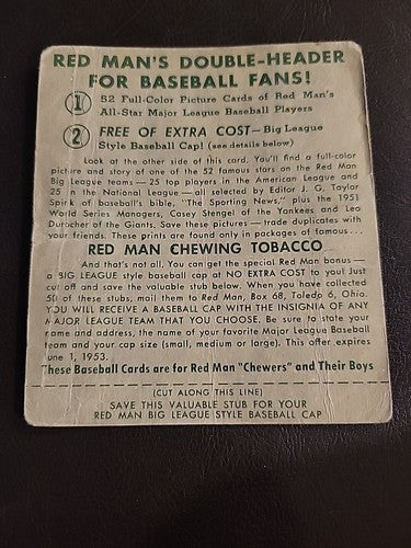 1952 Baseball Red Man #4A Gil Coan, W/tab  Poor-Fair Condition