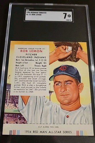1954 Red Man #21 Bob Lemon With Tab  Indians HOF SGC  7  NM
