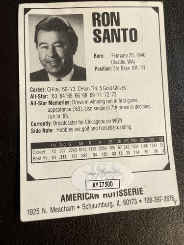 Ron Santo Signed Ron Santo's American Rotisserie Card Chicago Cubs COA JSA