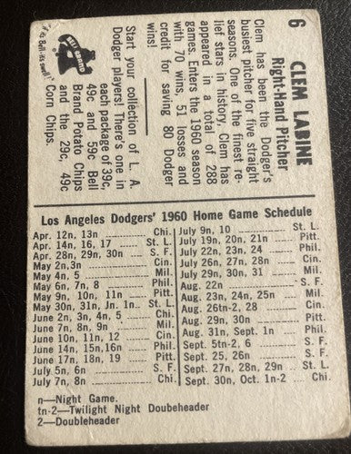 1960 Dodgers Bell Brand #6 Clem Labine SP VG