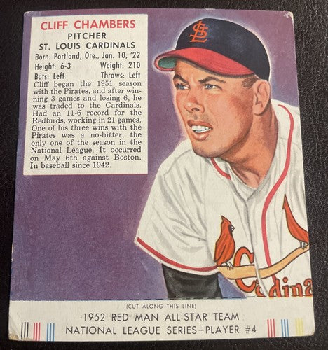 1952 Red Man Tobacco Cliff Chambers St. Louis Cardinals w/tab Set Break 4NL VG