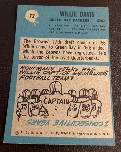 1964 Philadelphia Football Card #72 Willie Davis-Green Bay Packers Ex Card