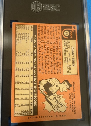 1969 TOPPS JOHNNY BENCH ALL STAR ROOKIE #95 SGC 3 VG HOF