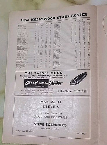 HOLLYWOOD STARS OFFICIAL 1953 BASEBALL PROGRAM - GILMORE FIELD -Bobby Bragan EX