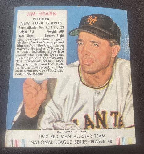 1952 Red Man Tobacco Jim Hearn  w/tab Set Break 8 NL VG