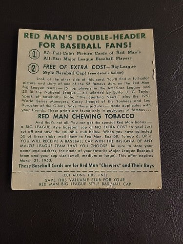 1952 Red Man Tobacco #26 Gus Zernial w/tab Philadelphia A's VG/EX