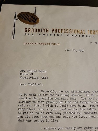 1947 Brooklyn Dodgers Football Tom Scott Signed Letter Plus 2nd Letter Signed
