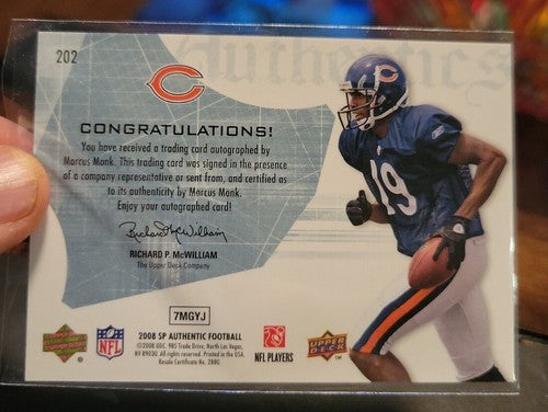 2008 SP Authentic #202 Marcus Monk Chicago Bears Autograph 423/1199 RC