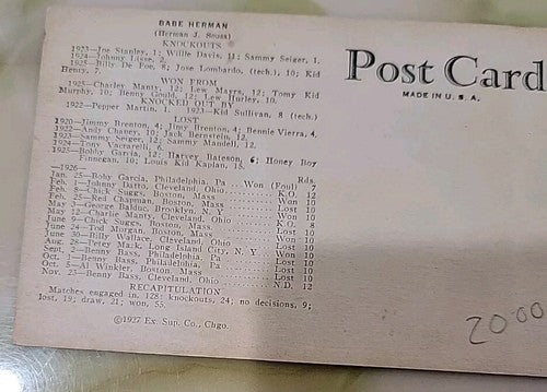 1927 Exhibit Supply Company Boxing Exhibit Babe Herman  Card Vg Condition