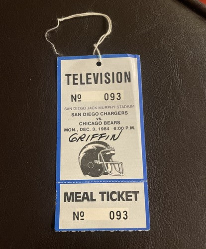 San Diego Chargers vs Chicago Bears December 3, 1984 television credentials pass