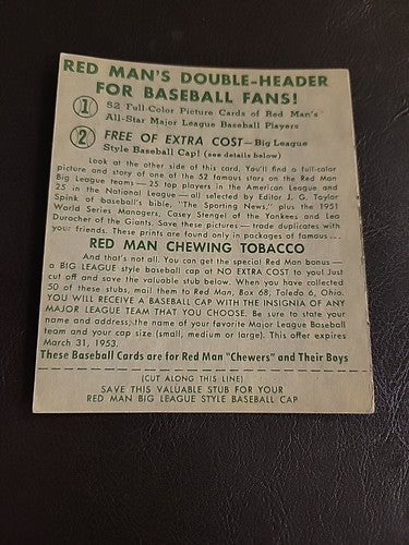 1952 Red Man All Stars # 14 Sal Maglie w/Tab  New York Giants EX