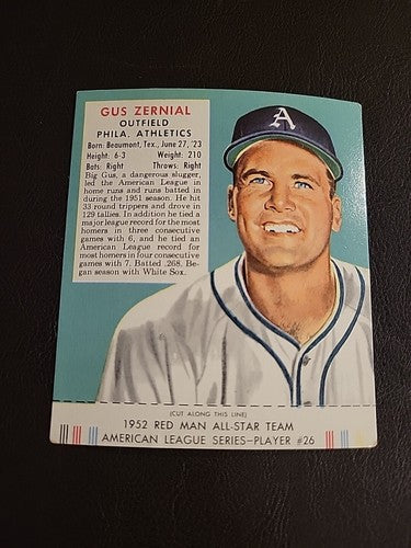 1952 Red Man Tobacco #26 Gus Zernial w/tab Philadelphia A's VG/EX