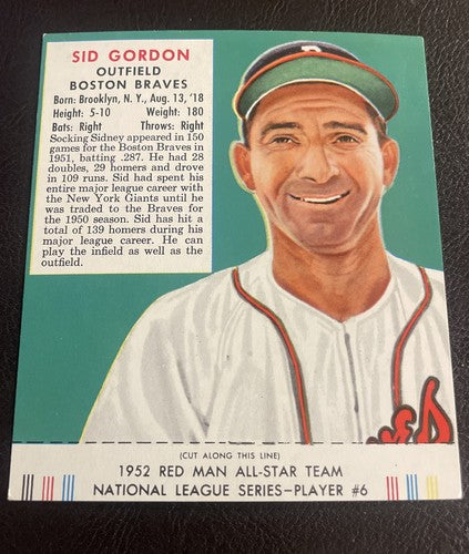 1952 Red Man Tobacco Sid Gordon w/tab Set Break 6 NL Ex/Mt  Boston Braves