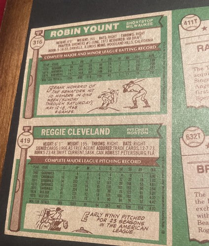 1976 Topps Uncut Baseball 6 Card sheet with #316 Robin Yount (2nd Year Card).