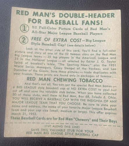1952 Red Man Tobacco Jim Hearn  w/tab Set Break 8 NL VG
