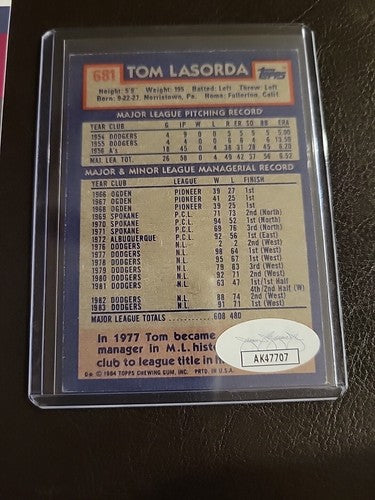 1984 Topps Tom Lasorda #681 Autographed Signed Dodgers Card with JSA COA