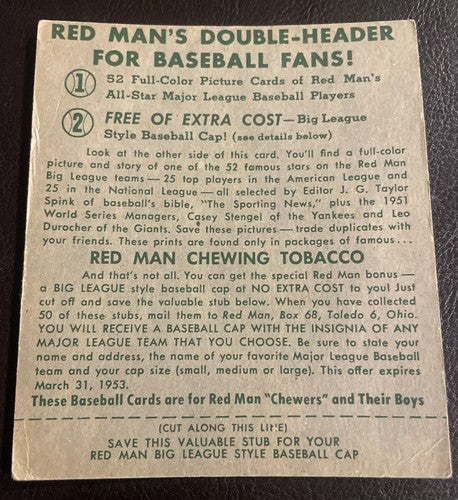 1952 Red Man #1 NL HOF Leo Durocher With Tab Vintage Baseball Card VG