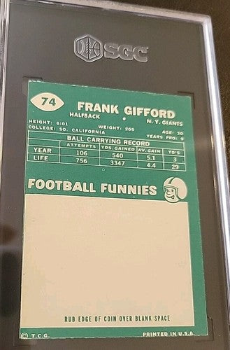 1960 TOPPS FOOTBALL CARD # 74 FRANK GIFFORD SGC  4.5 VG-EX+ NEW YORK GIANTS