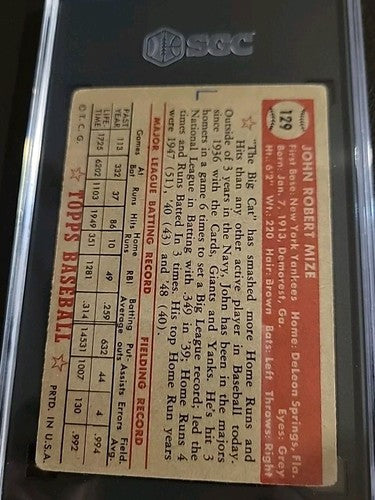 1952 Topps Johnny Mize New York Yankees #129  SGC 1