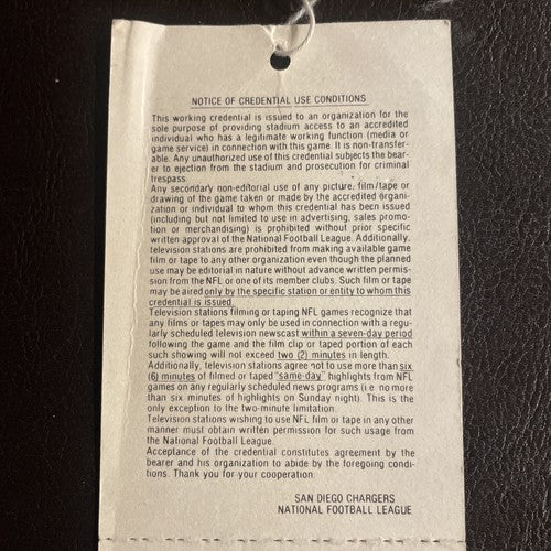 San Diego Chargers vs Chicago Bears December 3, 1984 television credentials pass