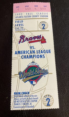 Atlanta Braves Toronto Blue Jays 1992 World Series Game 2 Ticket Stub!