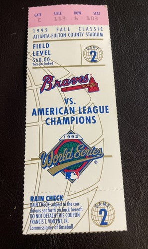 Atlanta Braves Toronto Blue Jays 1992 World Series Game 2 Ticket Stub!