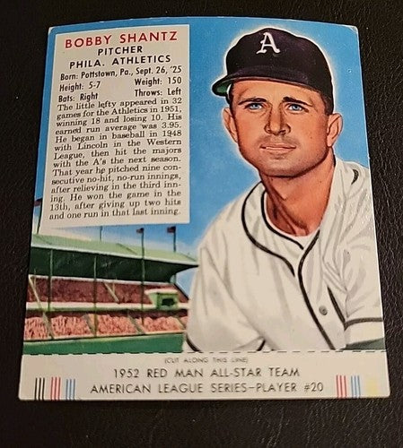 Vintage 1952 RED MAN Tobacco Baseball Card w/ Tab BOBBY SHANTZ AL #20 A's Ex