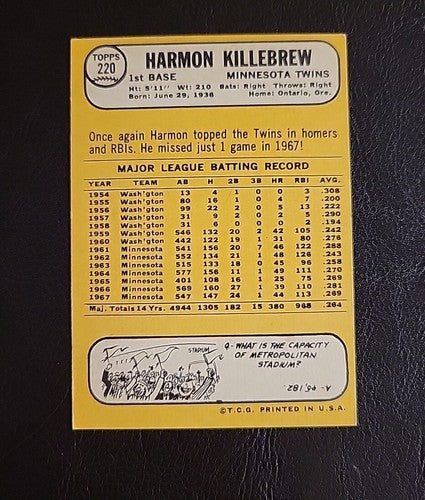 1968 Topps #220 Harmon Killebrew Ex/Mt -NRMT