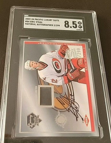 2003-04 Pacific Luxury Suite Auto Autograph Puck Rookie RC Eric Staal 002/299