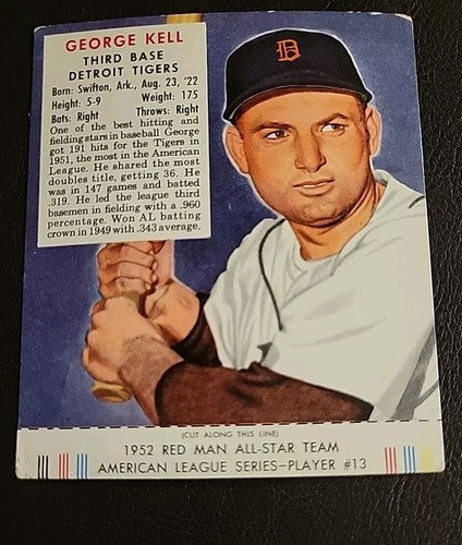 Vintage 1952 RED MAN Tobacco Baseball Card w/ Tab GEORGE KELL AL #13 Detroit VG