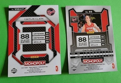 Caitlin Clark 2024 Panini Prizm Monopoly WNBA Base Rookie RC Fever  Lot of 2