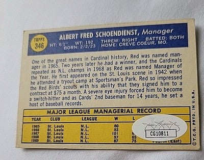Red SCHOENDIENST  HOF Autographed 1970 Topps #346 Baseball Card JSA COA