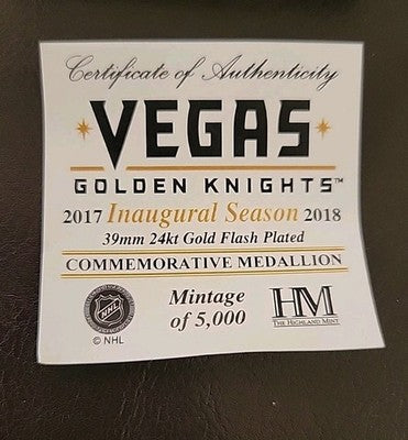 VEGAS GOLDEN KNIGHTS VERY RARE INAUGURAL SEASON GOLD GOIN #/5000 COA