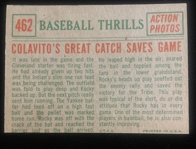 1959 Topps #462 Baseball Thrills Colavito's Great Catch Saves Game. Ex/Mt o/c