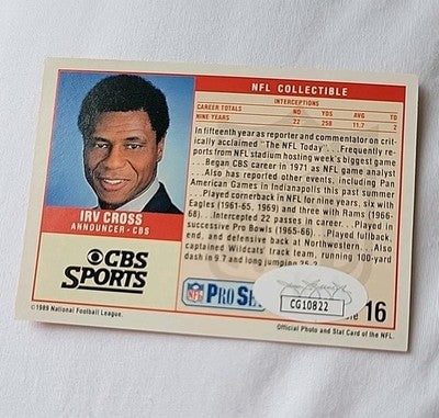 Irv Cross  Signed 1989 Pro Set Football Card  Announcer CBS Sports JSA COA
